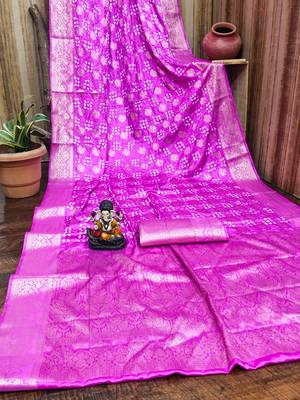 pink satin bandhej printed saree with blouse 4