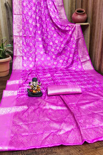 pink satin bandhej printed saree with blouse