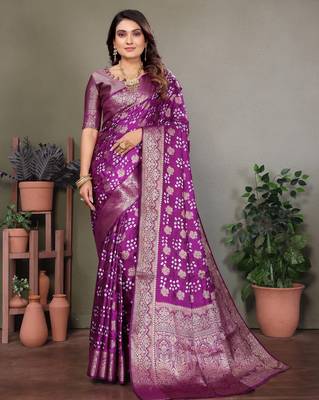 purple satin bandhej printed saree with blouse 1