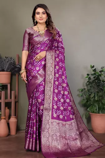 purple satin bandhej printed saree with blouse
