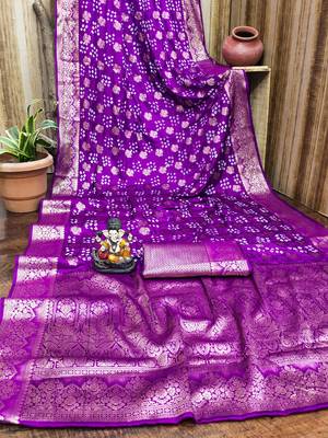 purple satin bandhej printed saree with blouse 4