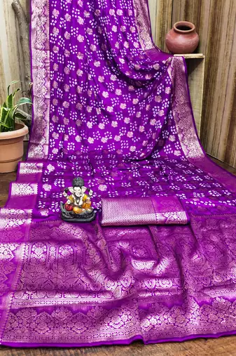 purple satin bandhej printed saree with blouse