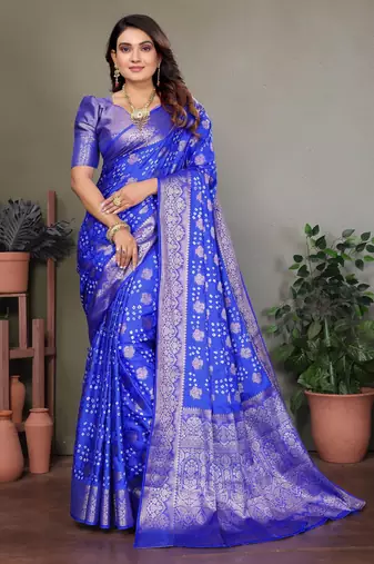 r blue satin bandhej printed saree with blouse