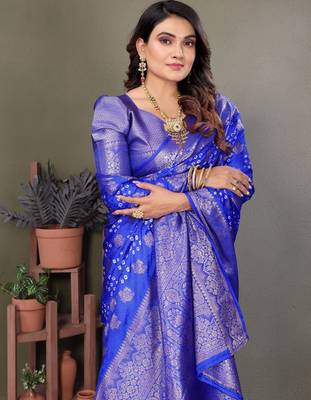 r blue satin bandhej printed saree with blouse 2