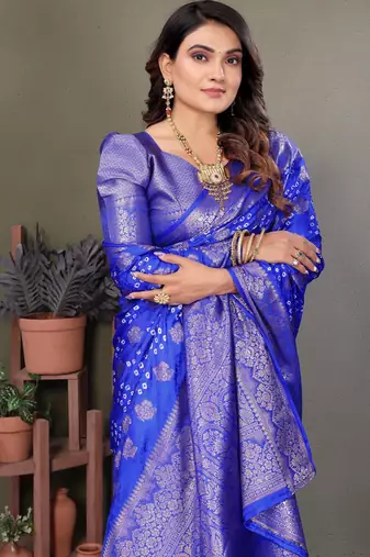 r blue satin bandhej printed saree with blouse