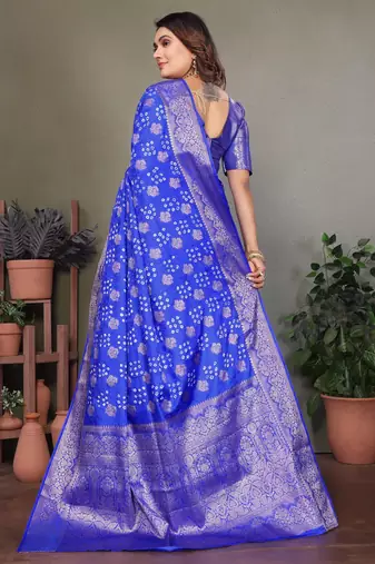 r blue satin bandhej printed saree with blouse