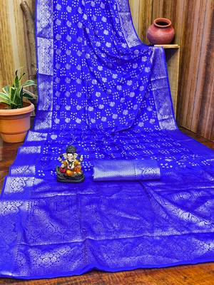 r blue satin bandhej printed saree with blouse 4