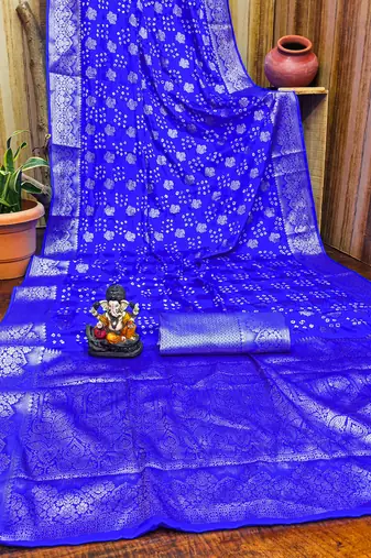 r blue satin bandhej printed saree with blouse