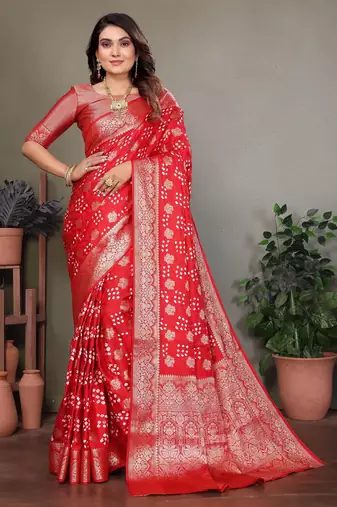 red satin bandhej printed saree with blouse