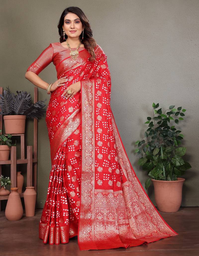 red satin bandhej printed saree with blouse
