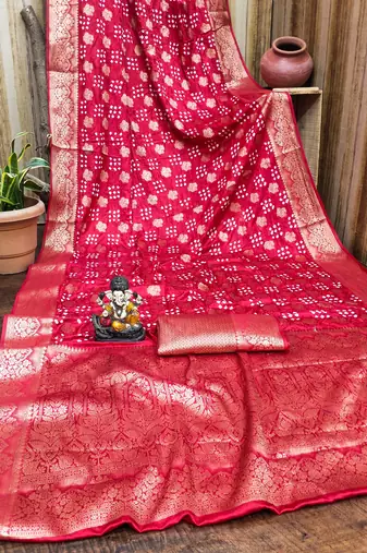 red satin bandhej printed saree with blouse