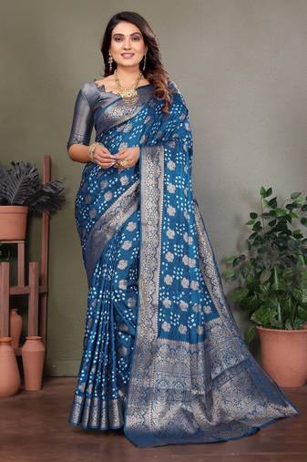 teal satin bandhej printed saree with blouse