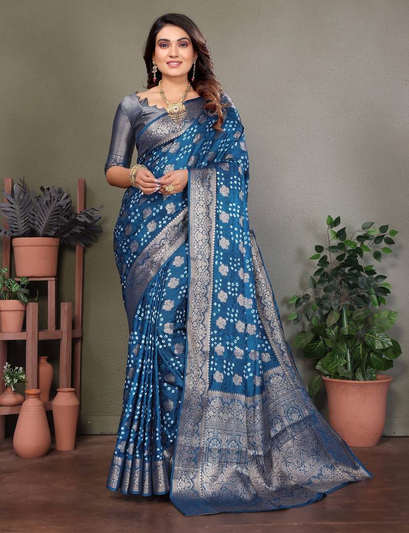 teal satin bandhej printed saree with blouse