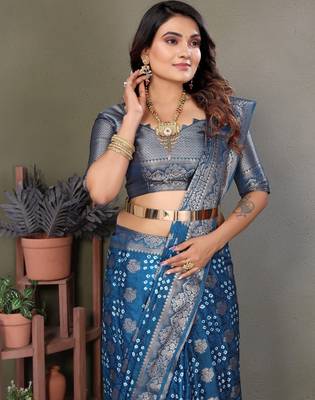 teal satin bandhej printed saree with blouse 2