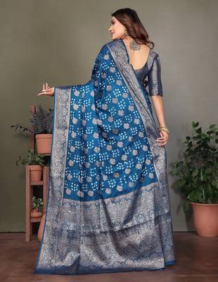 teal satin bandhej printed saree with blouse 3