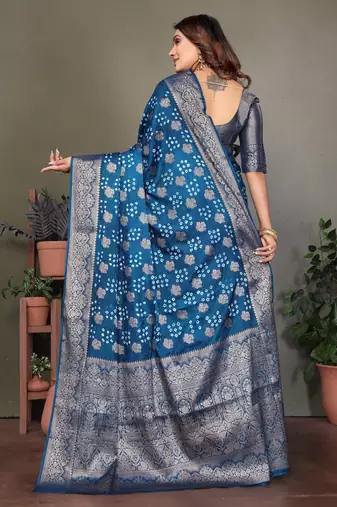teal satin bandhej printed saree with blouse