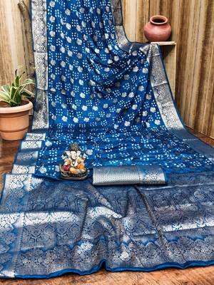 teal satin bandhej printed saree with blouse 4