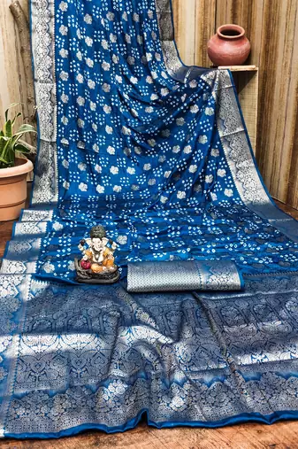 teal satin bandhej printed saree with blouse