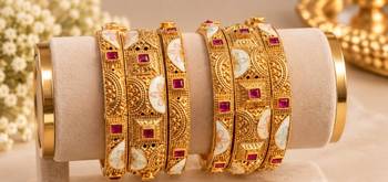 Multicolor copper bangles with bar stone & kundan     6 pcs 2