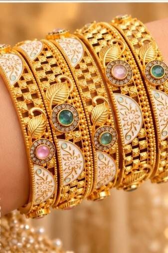 Multicolor copper bangles with bar stone & kundan     6 pcs
