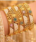 Multicolor copper bangles with bar stone & kundan     6 pcs