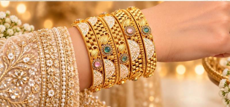 Multicolor copper bangles with bar stone & kundan     6 pcs