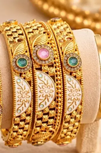Multicolor copper bangles with bar stone & kundan     6 pcs