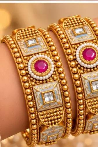 Multicolor copper bangles with bar stone & kundan     2 pcs