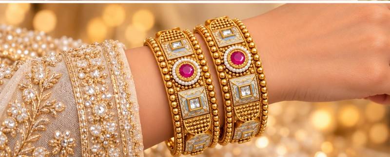 Multicolor copper bangles with bar stone & kundan     2 pcs