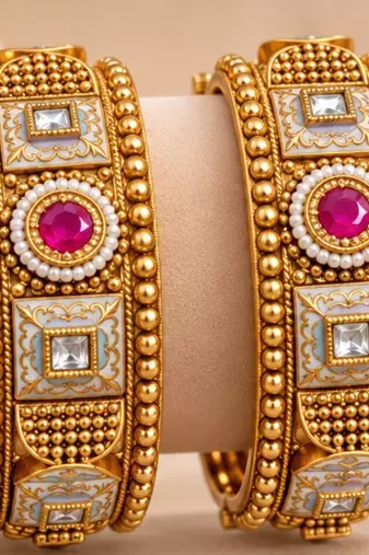 Multicolor copper bangles with bar stone & kundan     2 pcs