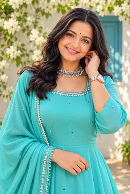 aqua blue color mirror handwork and latkan work faux georgette gown set 2
