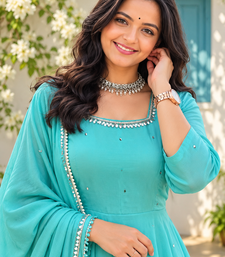 aqua blue color mirror handwork and latkan work faux georgette gown set