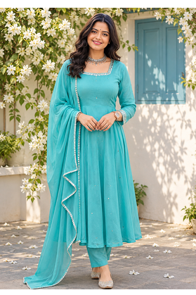 aqua blue color mirror handwork and latkan work faux georgette gown set 1