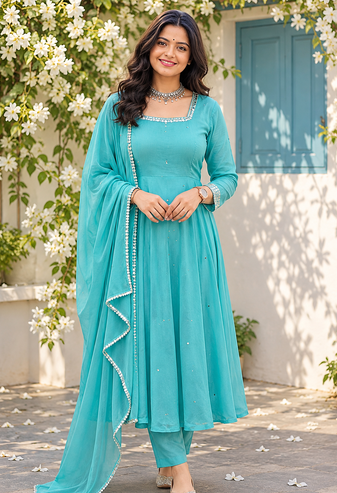 aqua blue color mirror handwork and latkan work faux georgette gown set