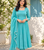 aqua blue color mirror handwork and latkan work faux georgette gown set
