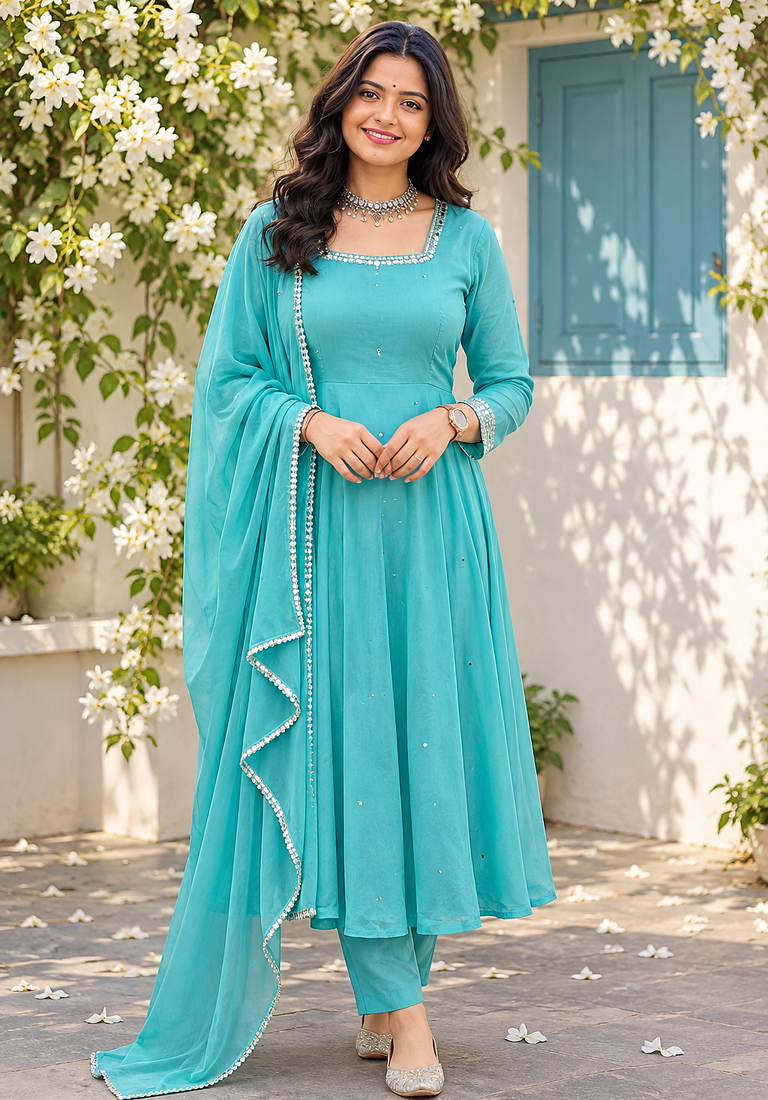 aqua blue color mirror handwork and latkan work faux georgette gown set