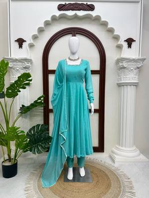 aqua blue color mirror handwork and latkan work faux georgette gown set 3