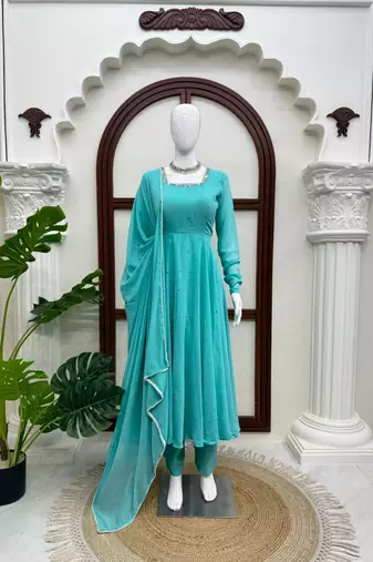 aqua blue color mirror handwork and latkan work faux georgette gown set