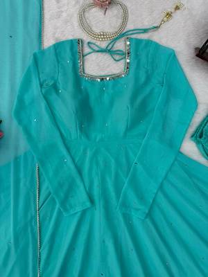 aqua blue color mirror handwork and latkan work faux georgette gown set 4