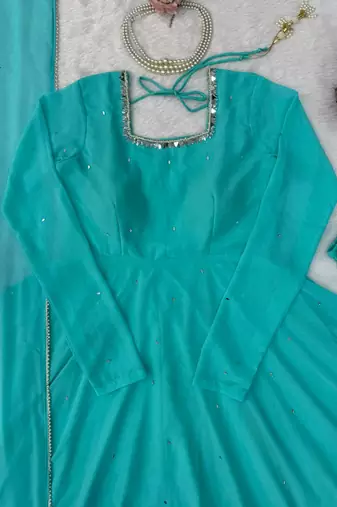 aqua blue color mirror handwork and latkan work faux georgette gown set