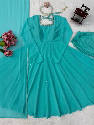 aqua blue color mirror handwork and latkan work faux georgette gown set 5