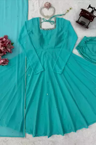 aqua blue color mirror handwork and latkan work faux georgette gown set