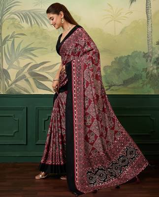 Maroon color digital print with mirror work chinon silk saree with blouse 1