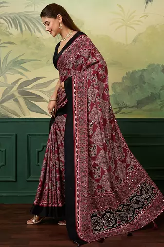 maroon color digital print with mirror work silk blend saree with blouse