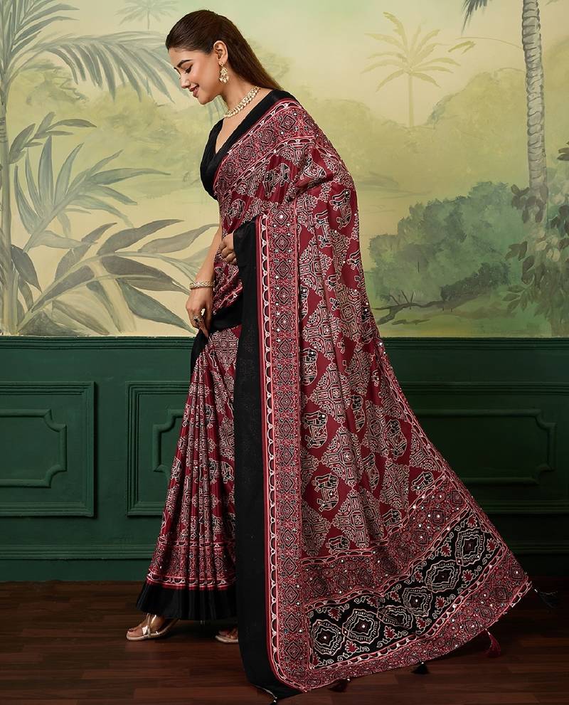 Maroon color digital print with mirror work chinon silk saree with blouse