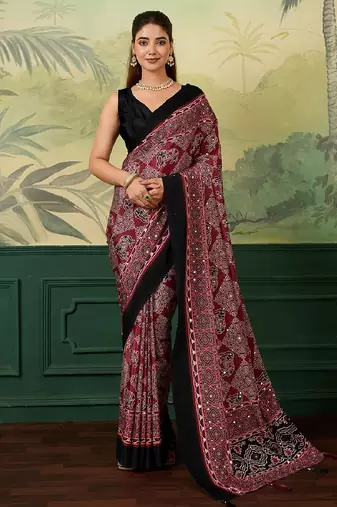 maroon color digital print with mirror work silk blend saree with blouse