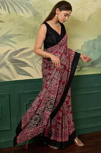 maroon color digital print with mirror work silk blend saree with blouse