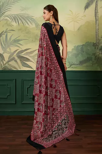 maroon color digital print with mirror work silk blend saree with blouse