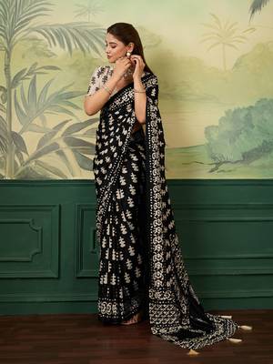 Black & White color digital print with mirror work chinon silk saree with blouse 1