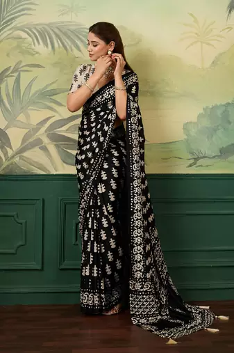 white color digital print with mirror work silk blend saree with blouse